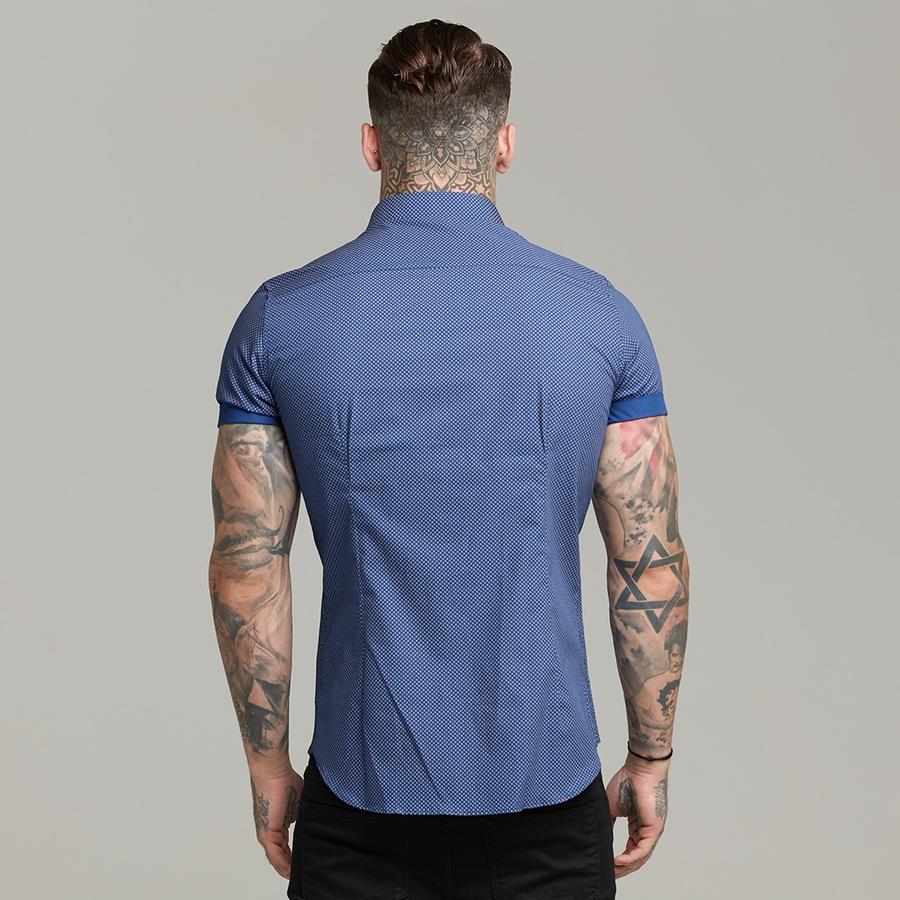 Stretch blauw patroon overhemd muscle fit korte mouwen