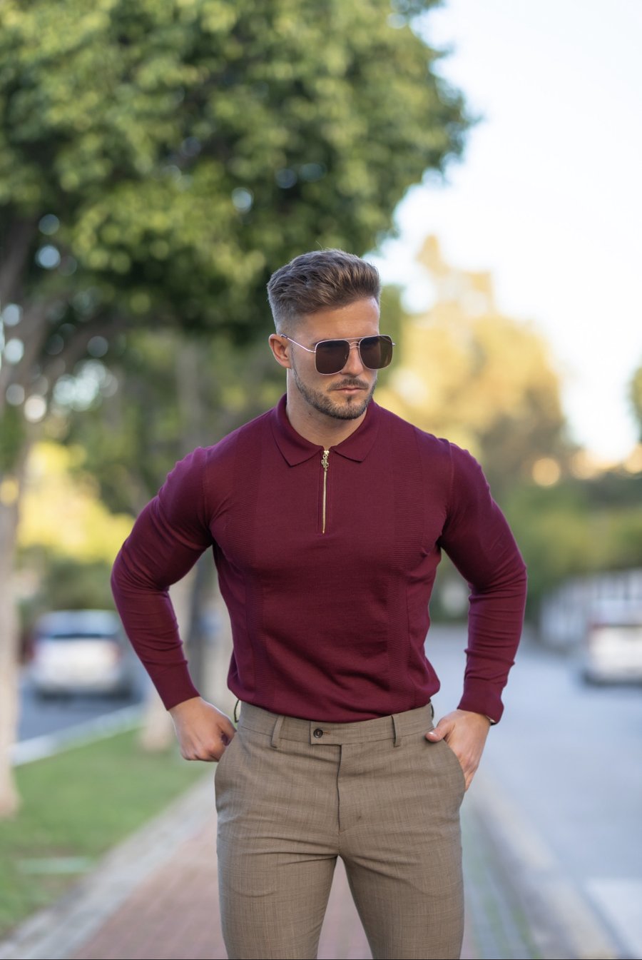 Stretch rood longsleeve polo shirt muscle fit