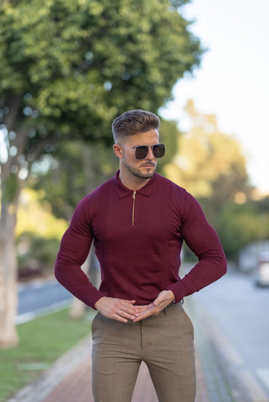 Stretch rood longsleeve polo shirt muscle fit